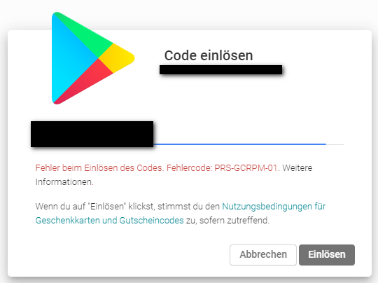 Error redeeming code. Error Code: PRS-GCRPM-01. - Google Play Community